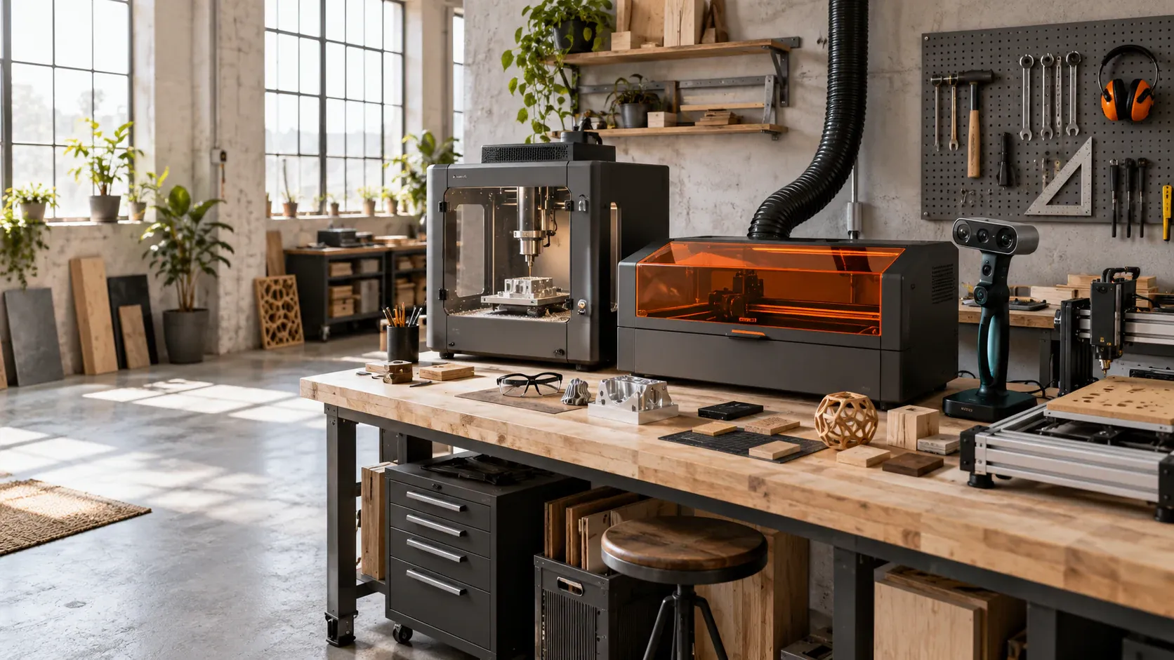 Modern maker workshop with desktop CNC machines, a laser cutter and a 3D scanner