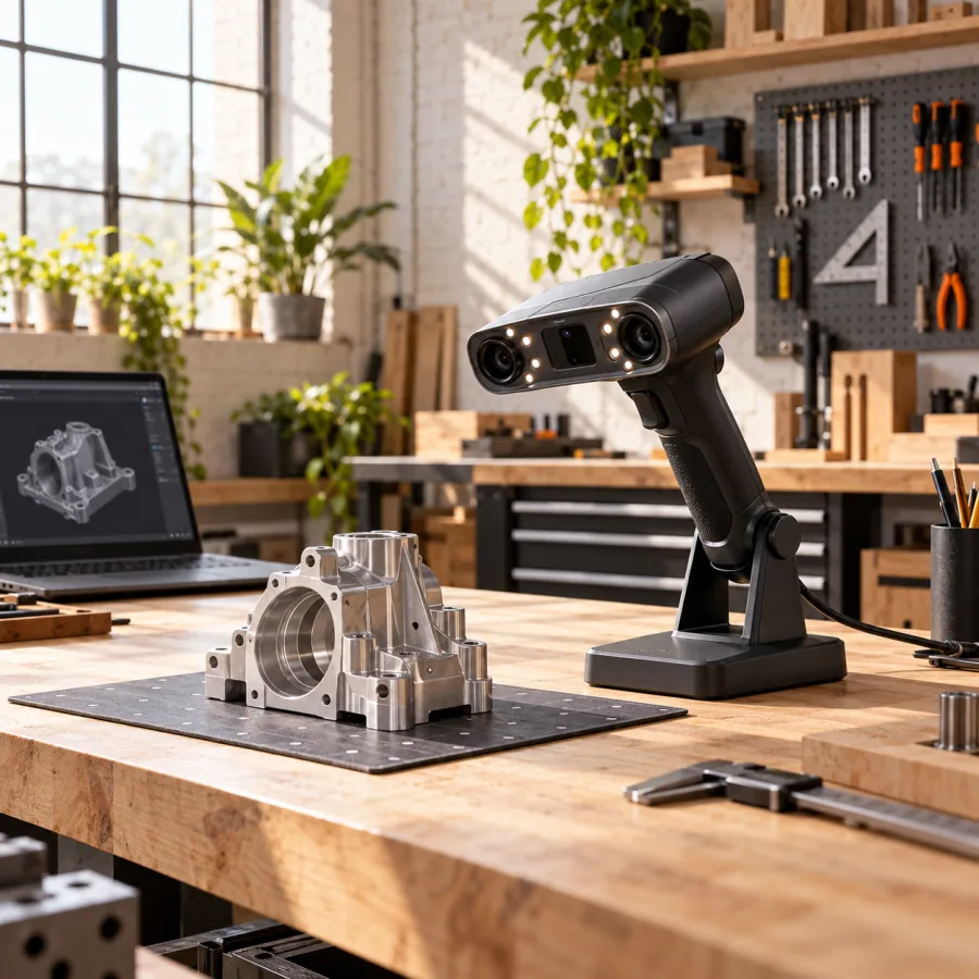 Handheld 3D scanner capturing a machined part in a workshop