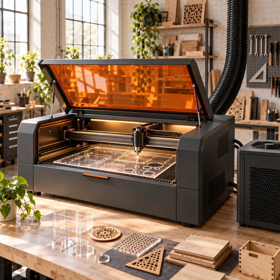 CO₂ laser cutter working on clear acrylic