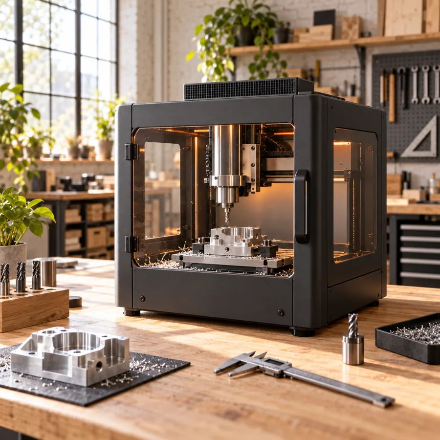 Enclosed desktop CNC milling an aluminum part