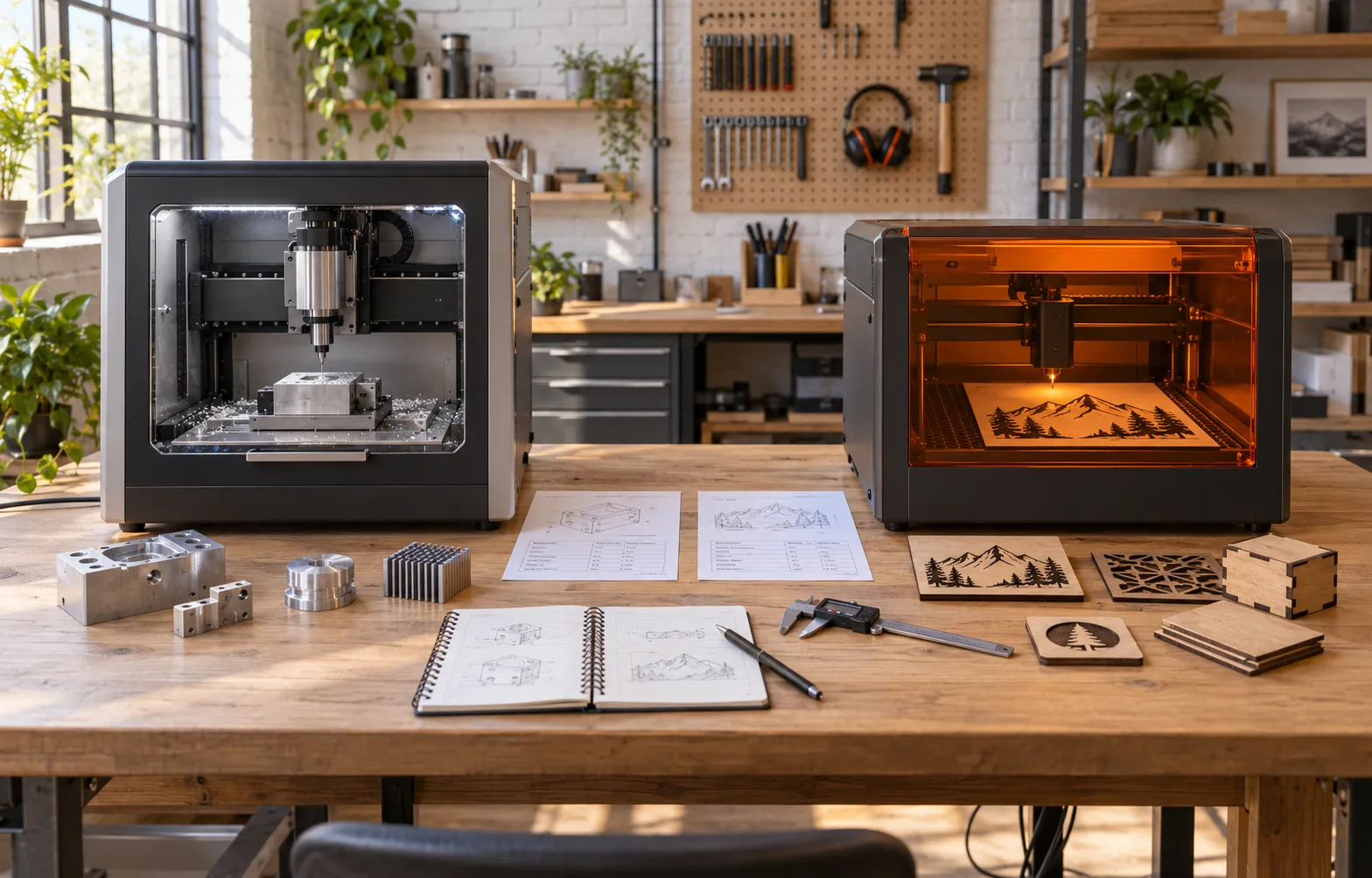 Desktop CNC and enclosed laser cutter arranged for a side-by-side comparison