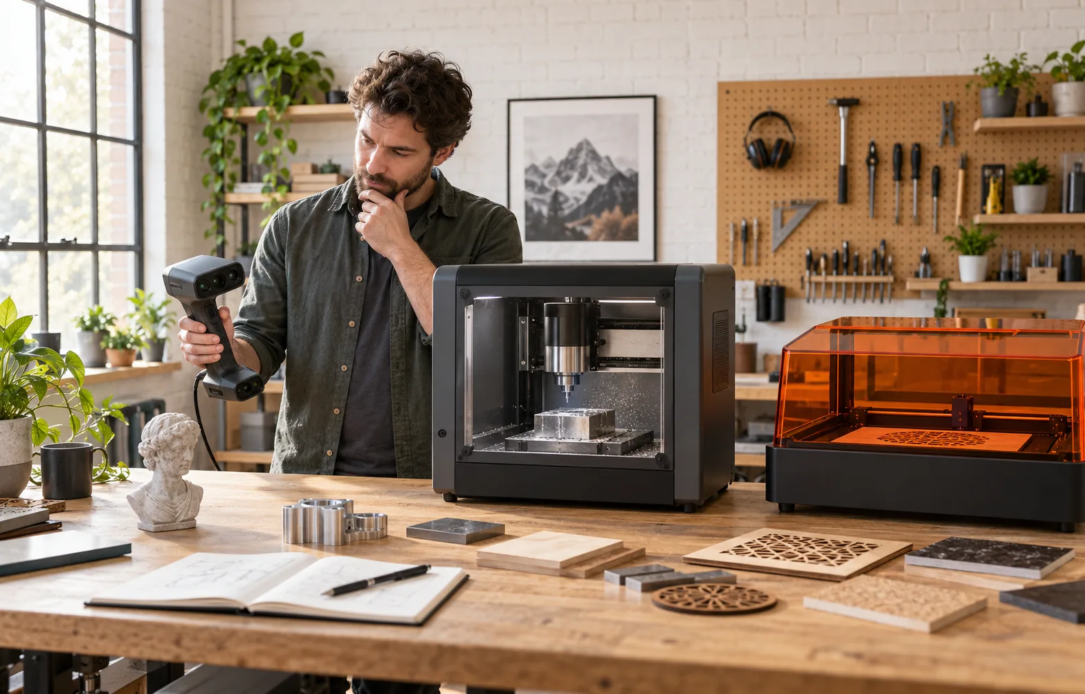 Maker choosing between a 3D scanner, desktop CNC and enclosed laser cutter