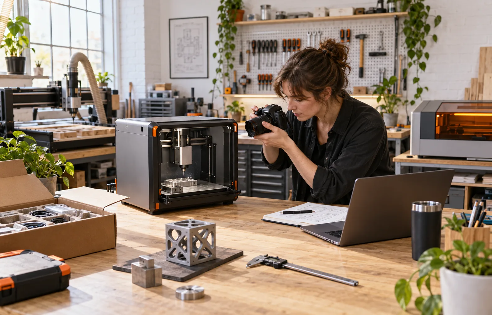 Workshop editor photographing a newly arrived desktop fabrication machine