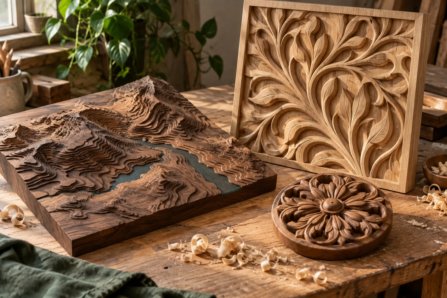 Detailed CNC-carved topographic map, botanical wood panel and hardwood rosette