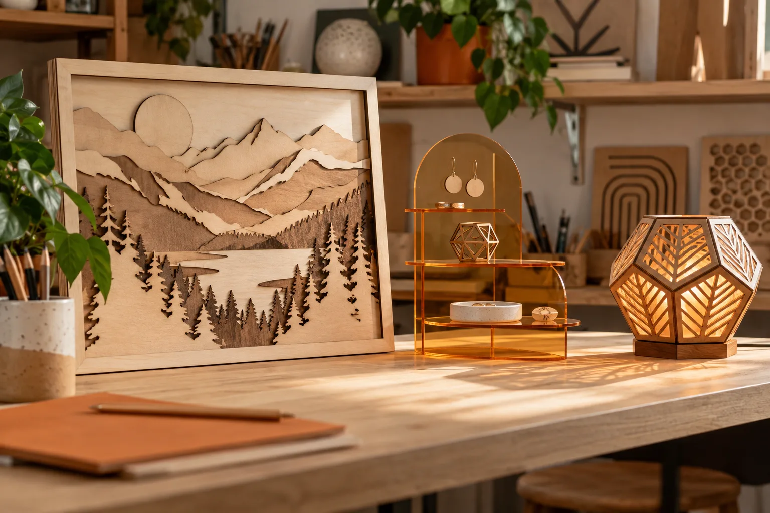 Laser-cut plywood wall art, amber acrylic display and geometric wooden lamp