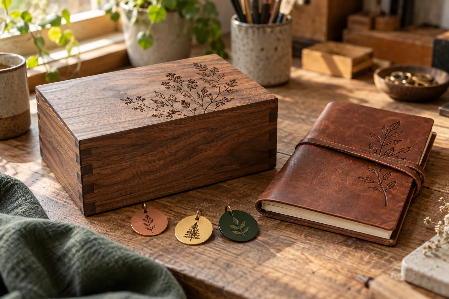 Engraved wooden keepsake box, leather notebook and metal tags on a maker workbench