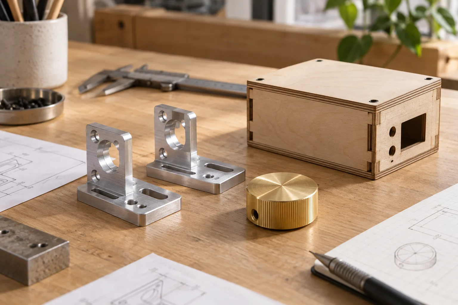 CNC-milled aluminum brackets, brass dial and plywood electronics enclosure