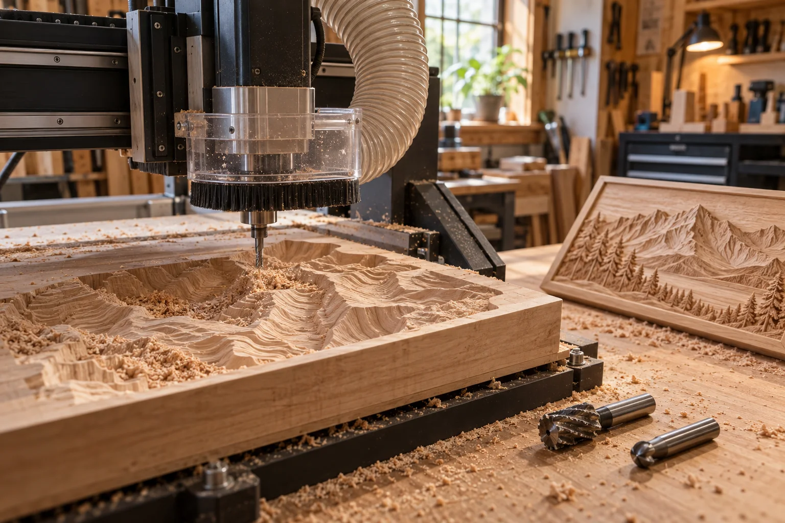 Desktop CNC carving a wooden topographic relief with dust extraction in a warm workshop