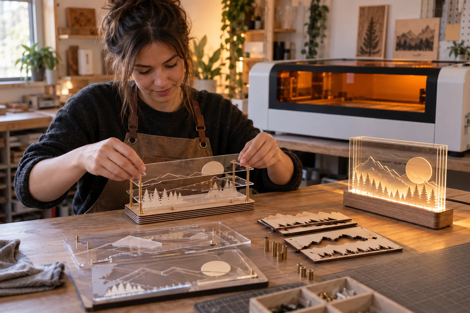 Maker assembling layered acrylic and plywood signs beside an enclosed CO2 laser cutter