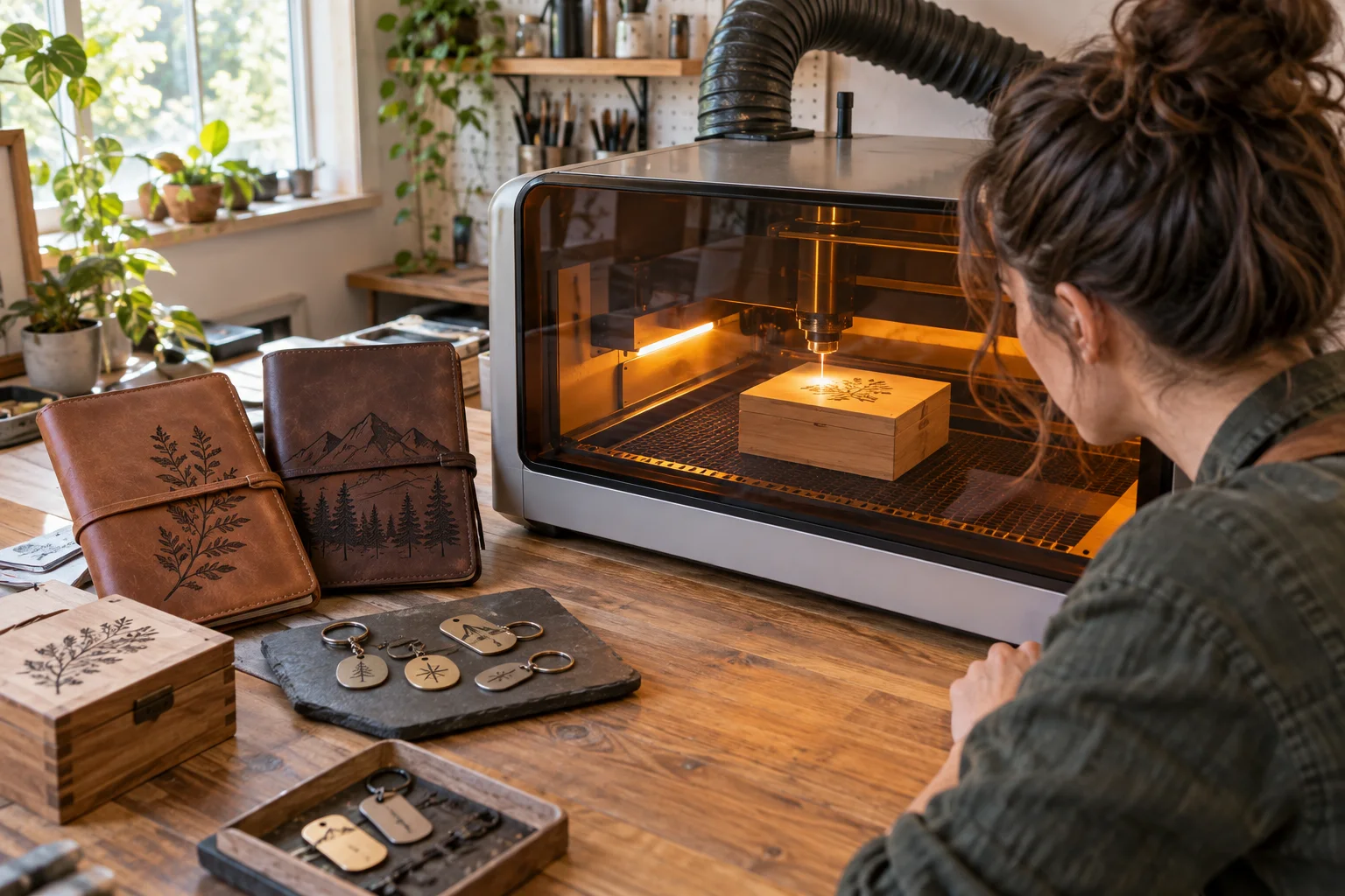Maker operating an enclosed laser while arranging engraved wooden boxes and tags in a ventilated workshop