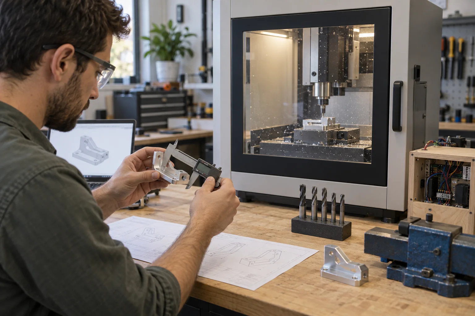 Enclosed desktop CNC milling an aluminum bracket while a maker checks a finished part with calipers