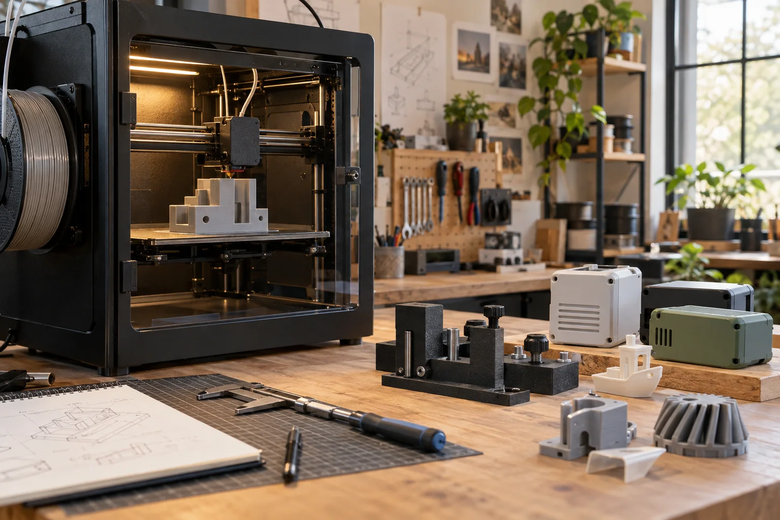 Enclosed filament 3D printer building a workshop jig with finished fixtures and housings nearby