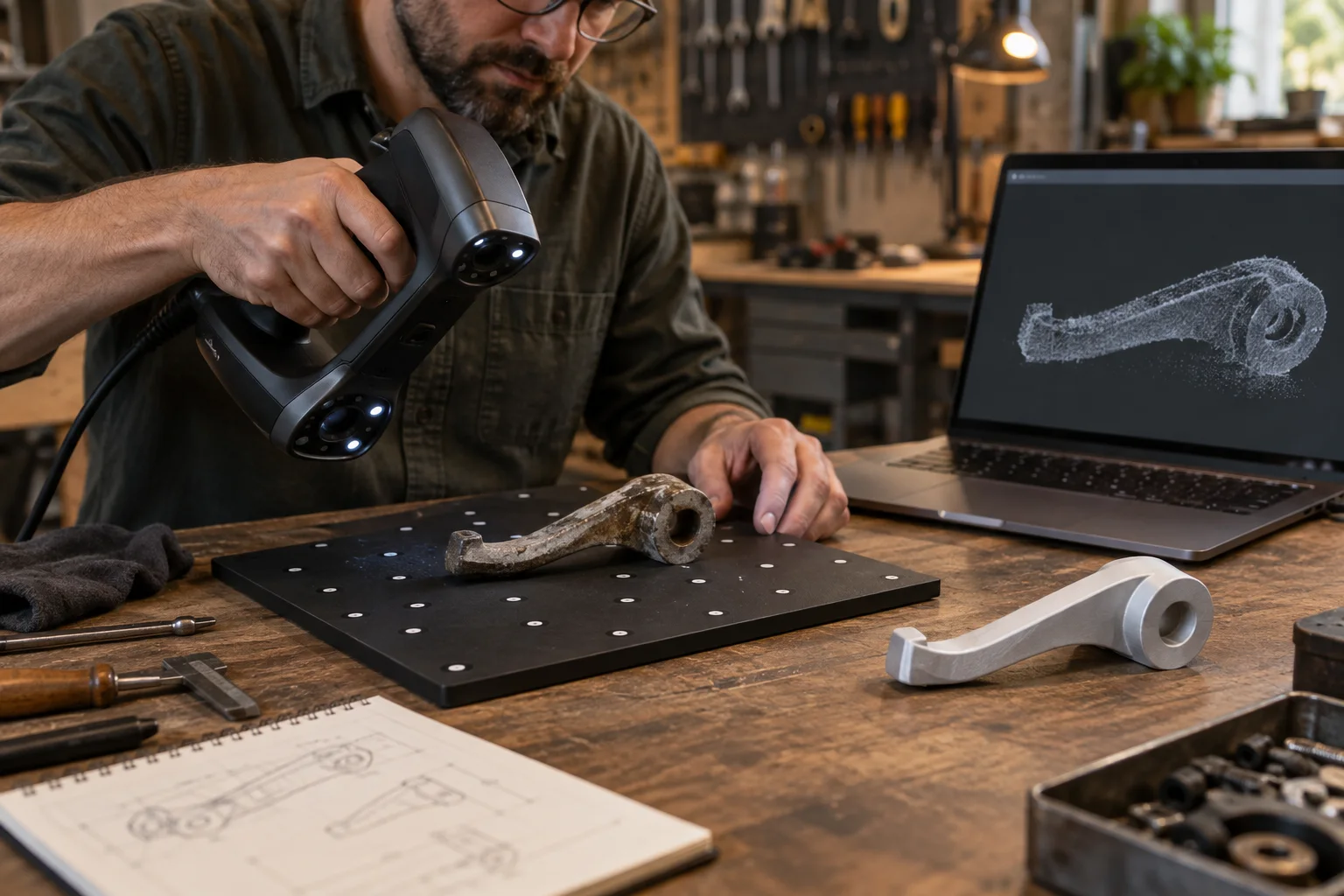 Maker scanning a worn machine handle with reference markers while a laptop shows the point cloud and recreated part