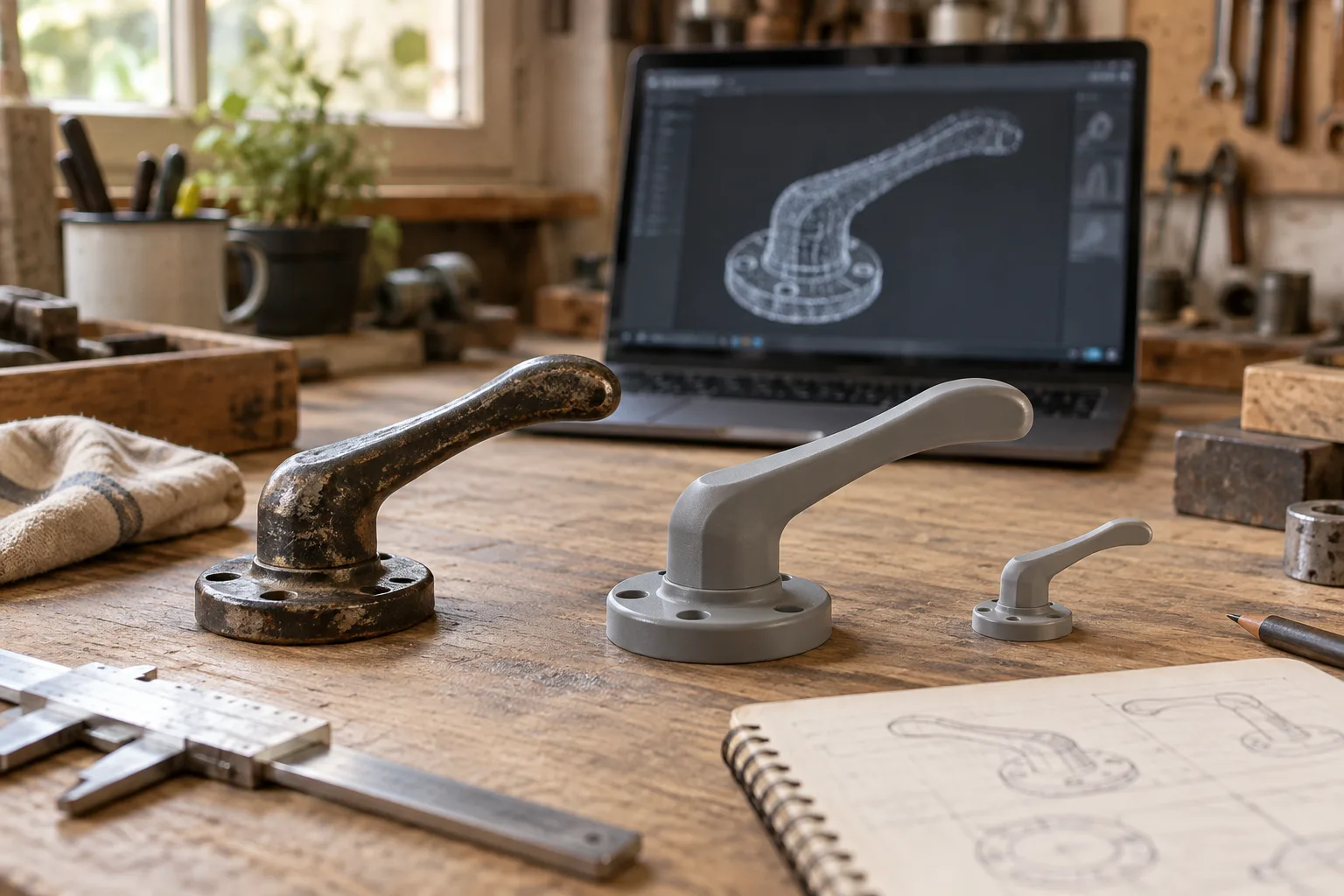 Original worn handle beside recreated replacement parts and a digital scan
